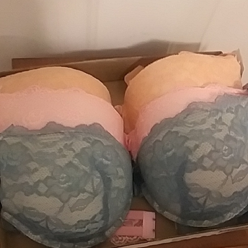 Three Lace Trimmed Bra Set - Pink, Gray, and Peach - 38C